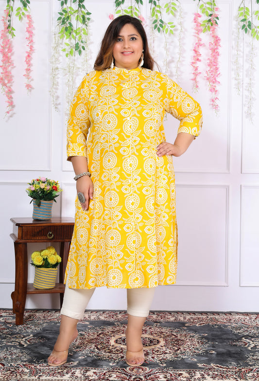 Women Printed Cotton A-line Kurta (B06-Yellow)