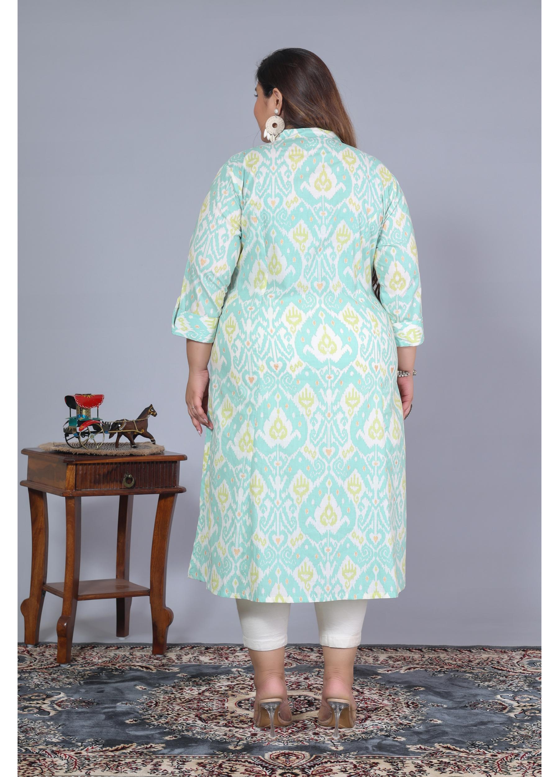 Women Printed Cotton A-line Kurta (B07-Green)