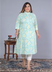 Women Printed Cotton A-line Kurta (B07-Green)