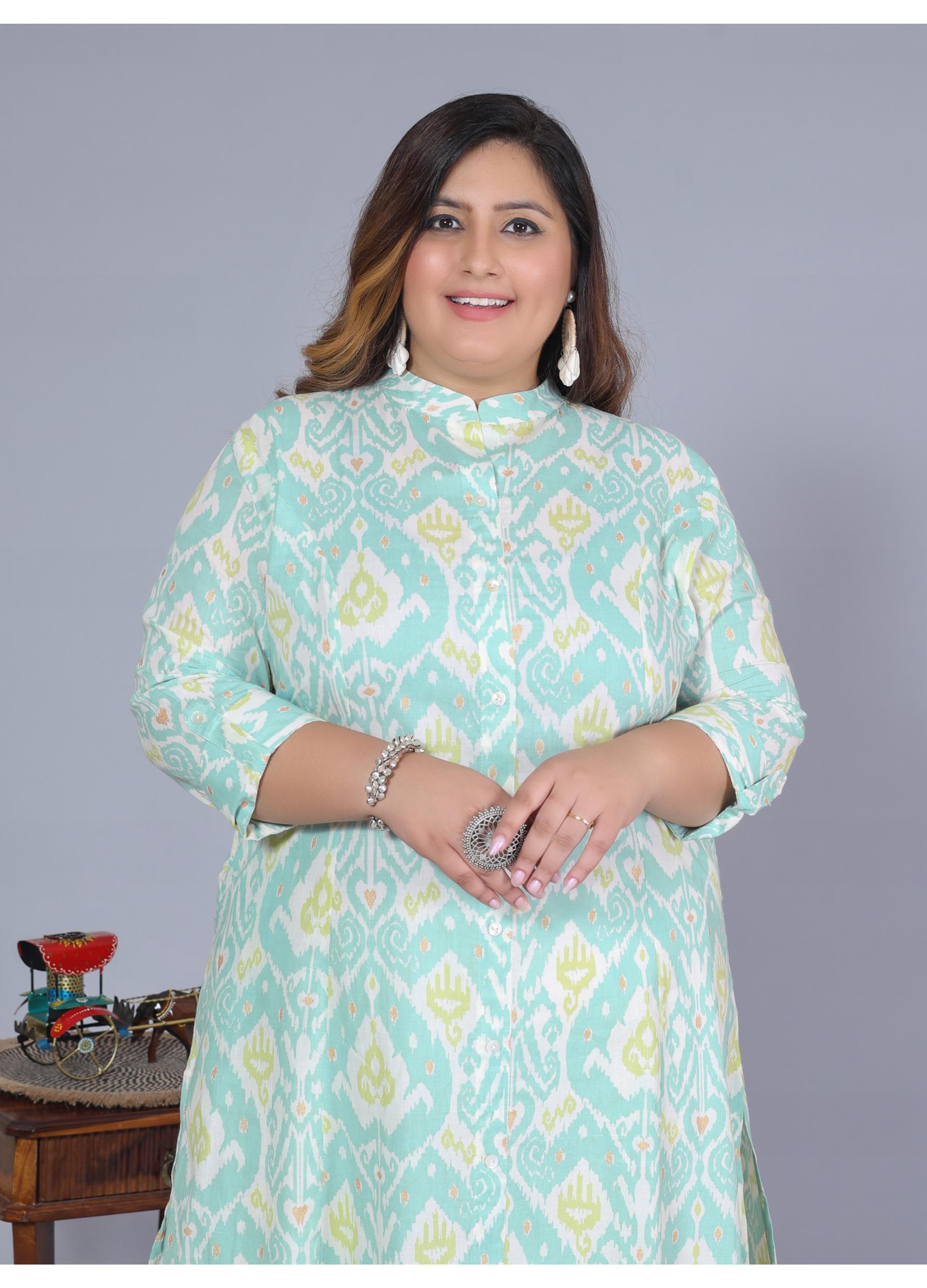 Women Printed Cotton A-line Kurta (B07-Green)