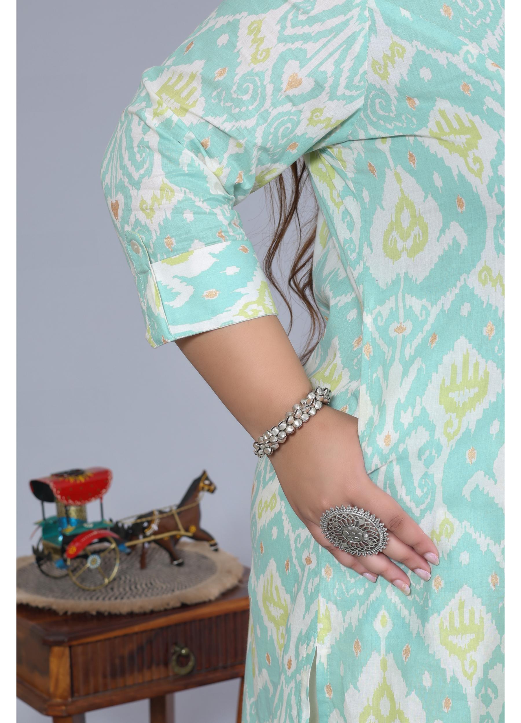 Women Printed Cotton A-line Kurta (B07-Green)