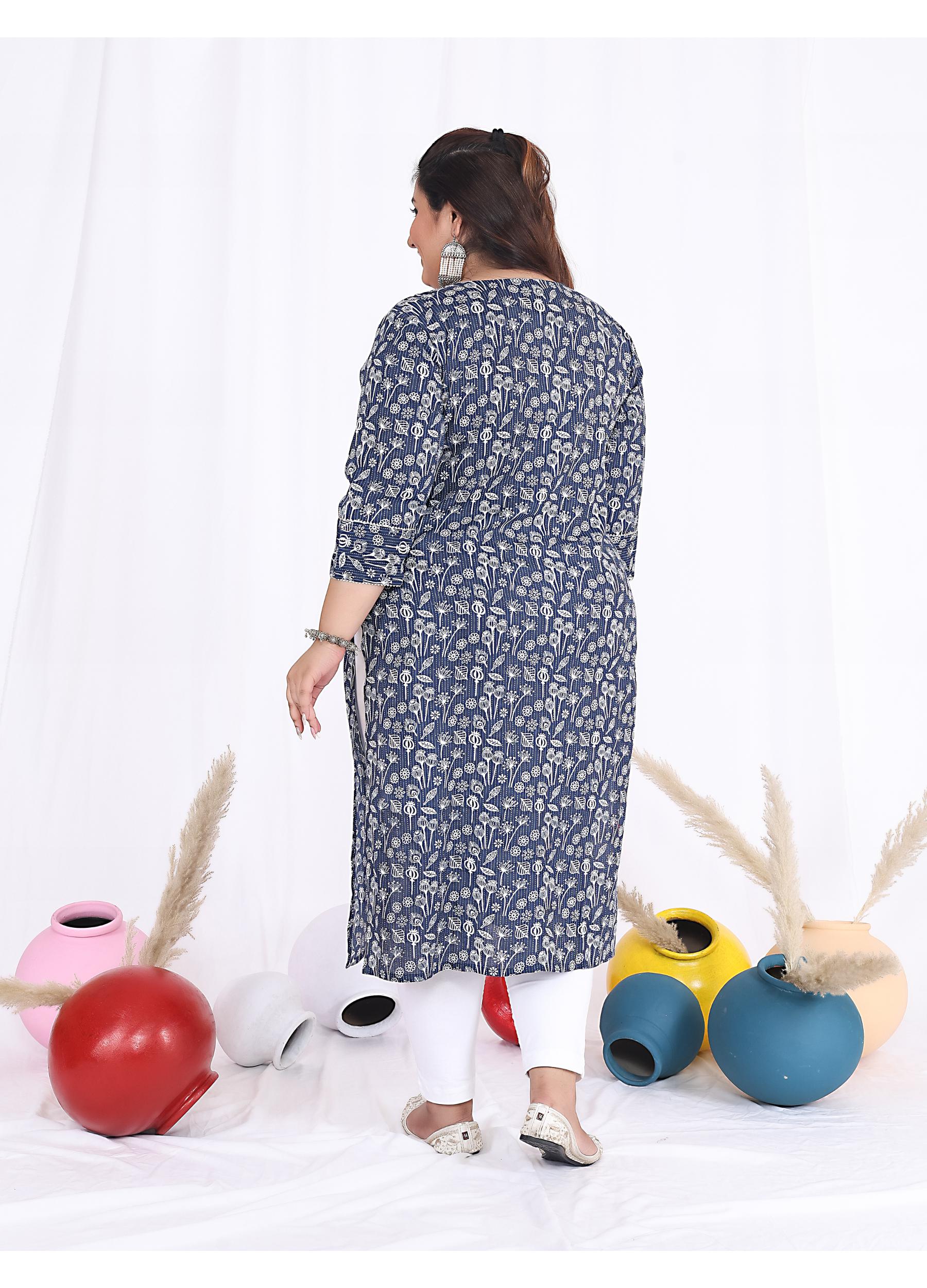 Women Printed Cotton Straight Kurta (B08-Blue)