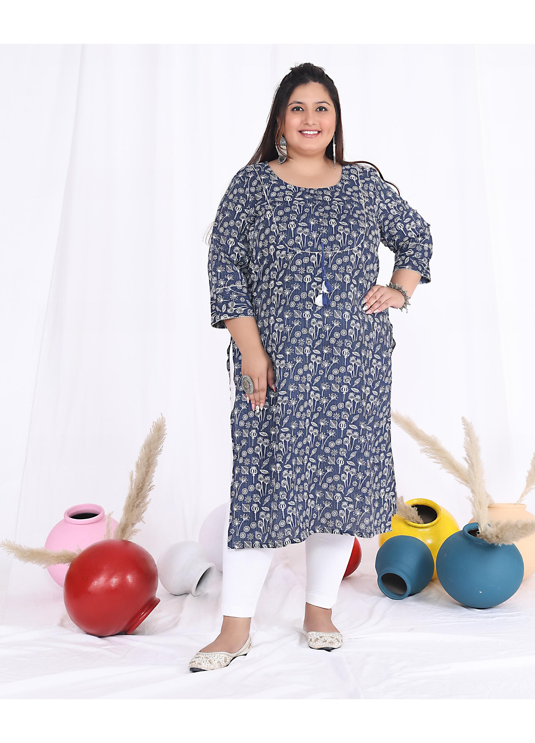 Women Printed Cotton Straight Kurta (B08-Blue)