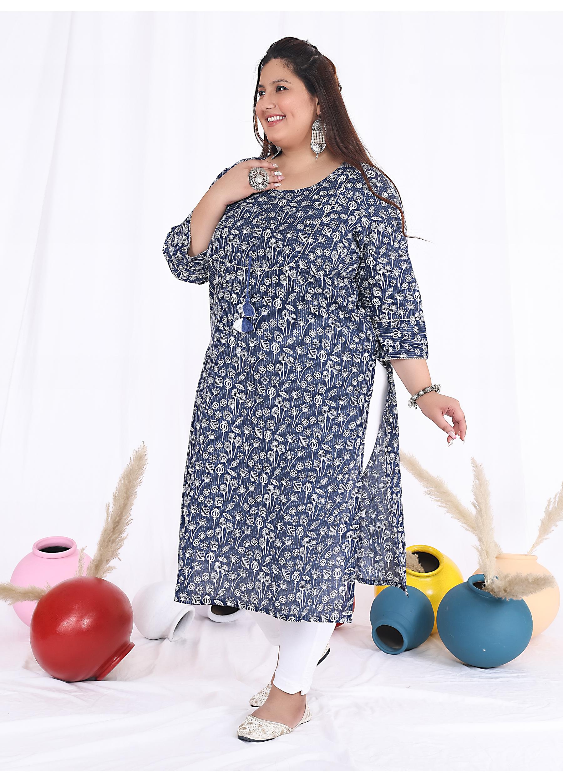 Women Printed Cotton Straight Kurta (B08-Blue)