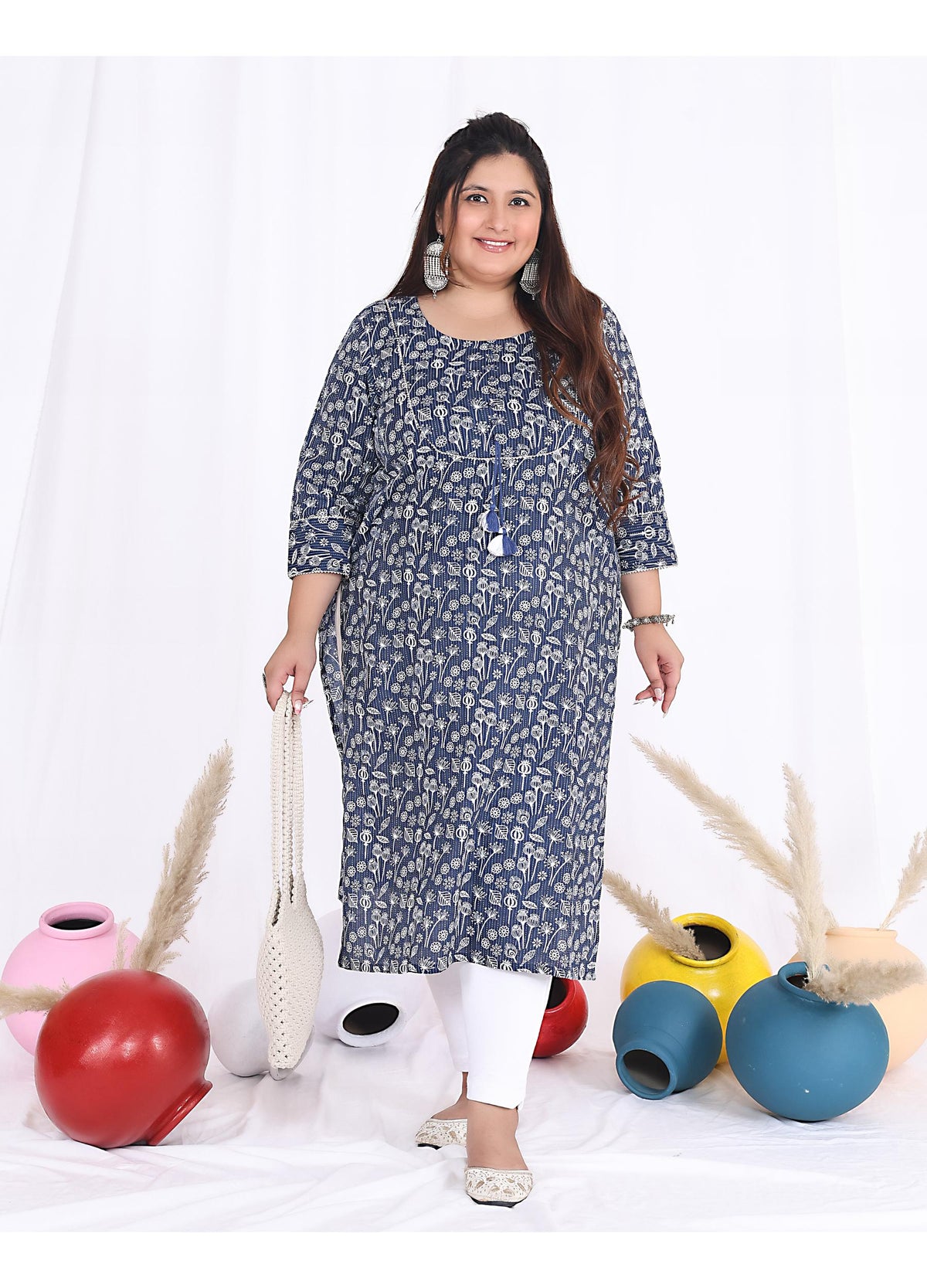 Women Printed Cotton Straight Kurta (B08-Blue)