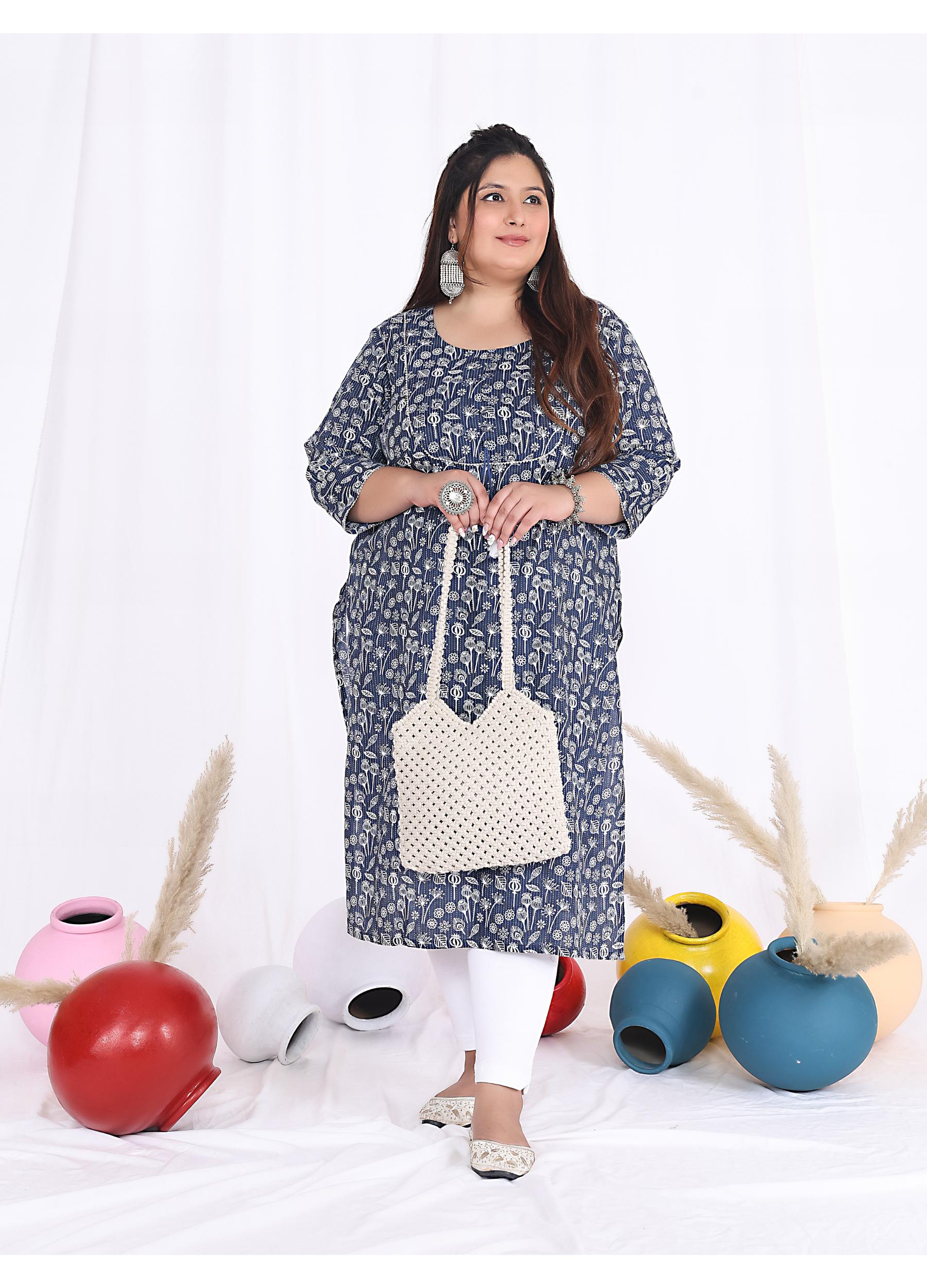 Women Printed Cotton Straight Kurta (B08-Blue)