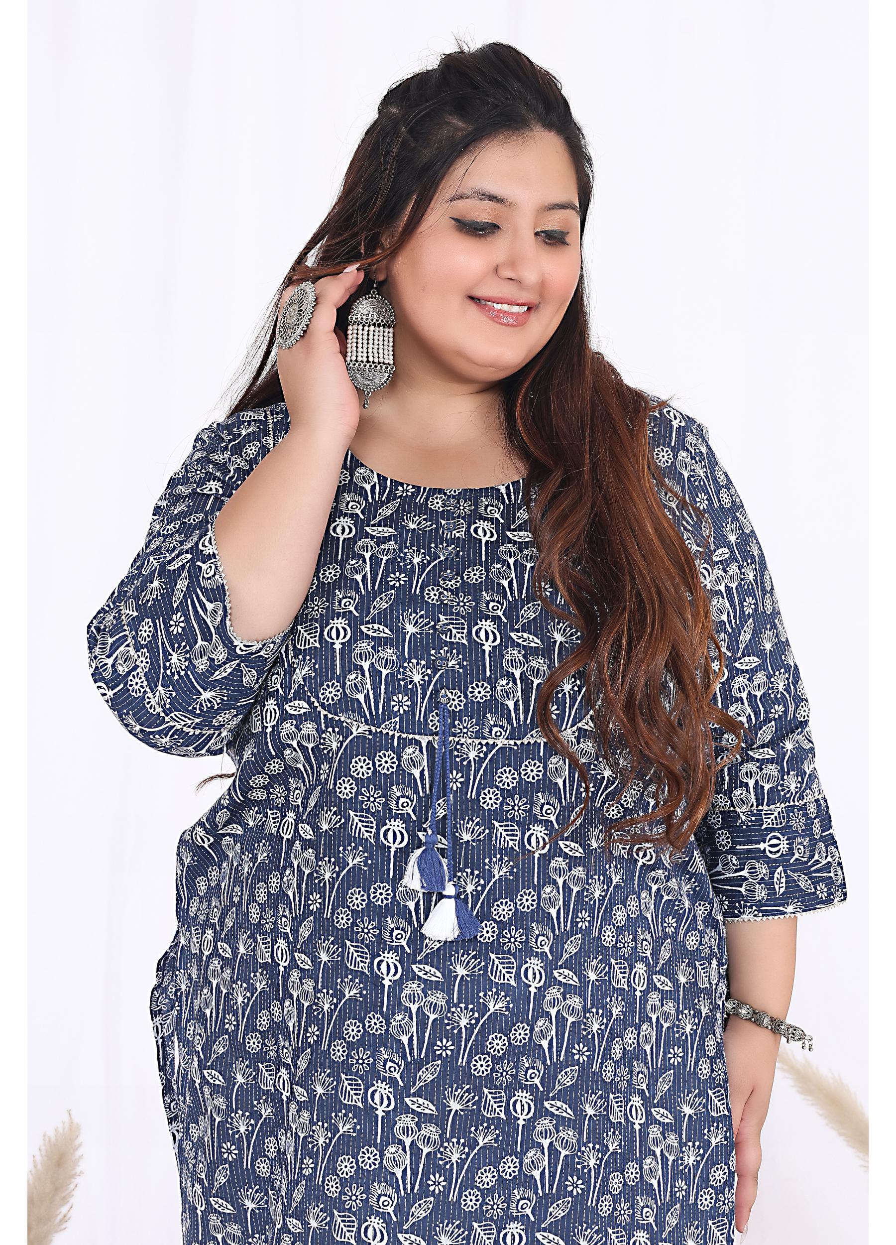 Women Printed Cotton Straight Kurta (B08-Blue)