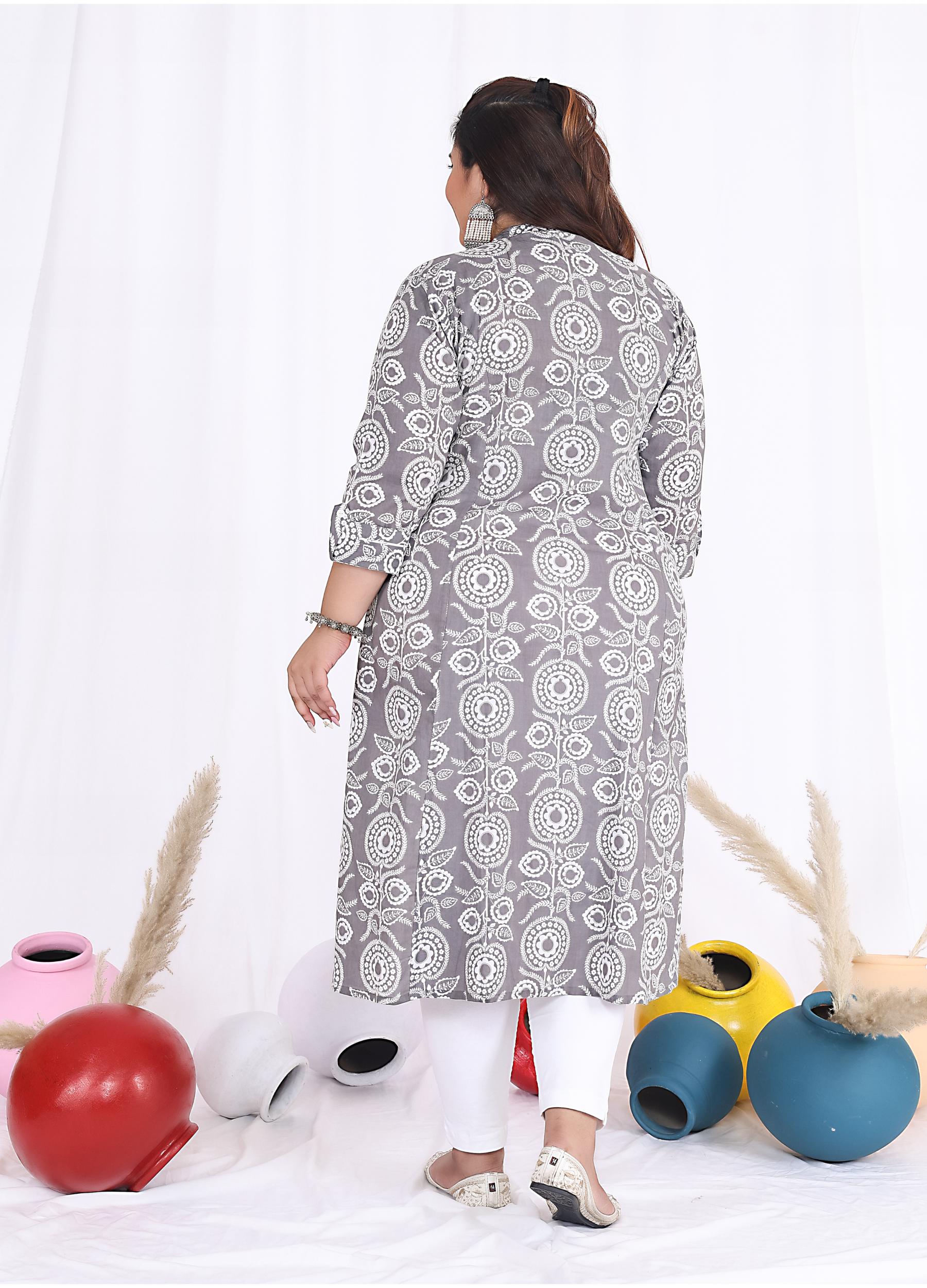 Women Printed Cotton A-line Kurta (B09-Grey)