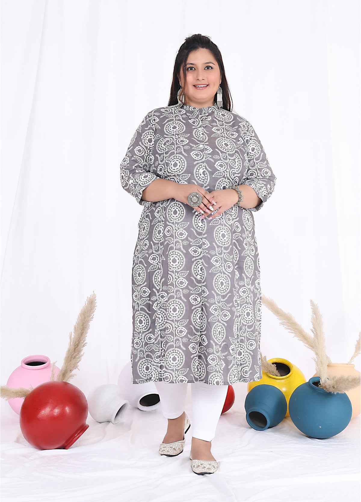 Women Printed Cotton A-line Kurta (B09-Grey)