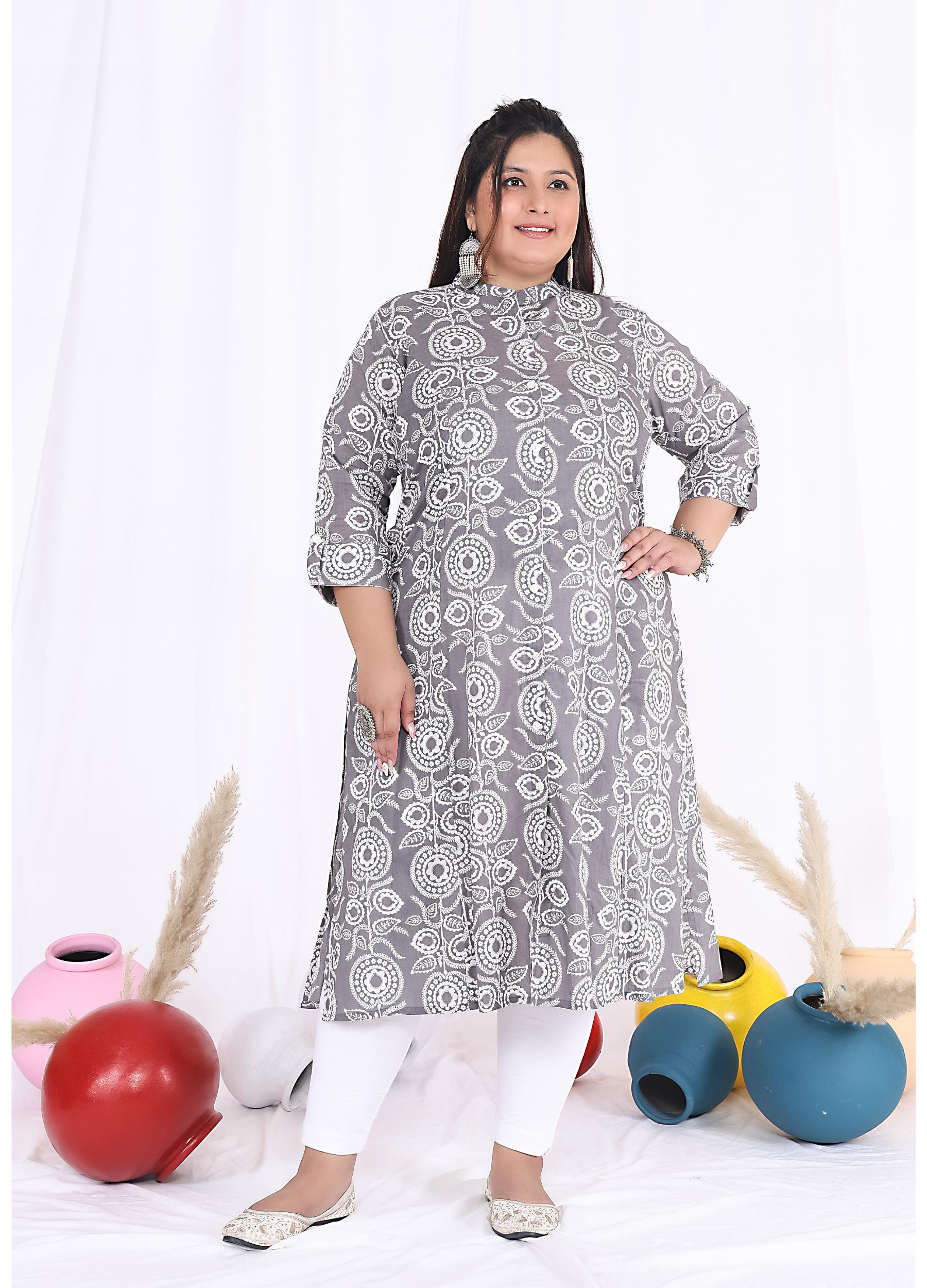 Women Printed Cotton A-line Kurta (B09-Grey)