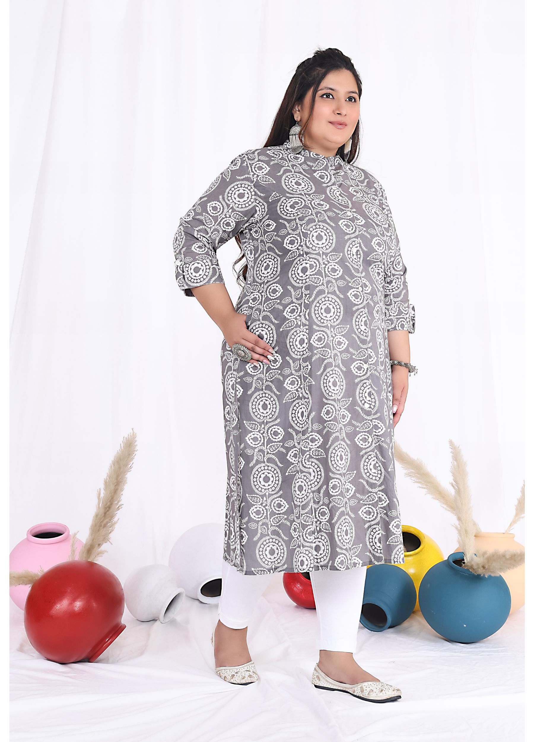 Women Printed Cotton A-line Kurta (B09-Grey)