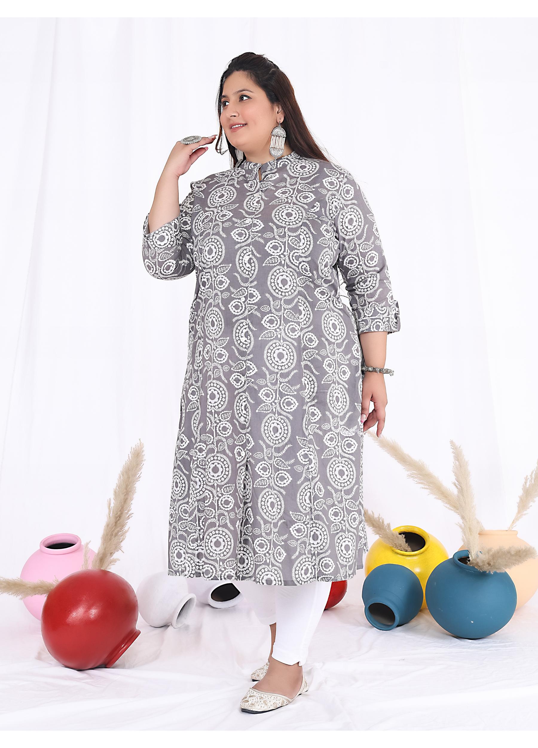 Women Printed Cotton A-line Kurta (B09-Grey)