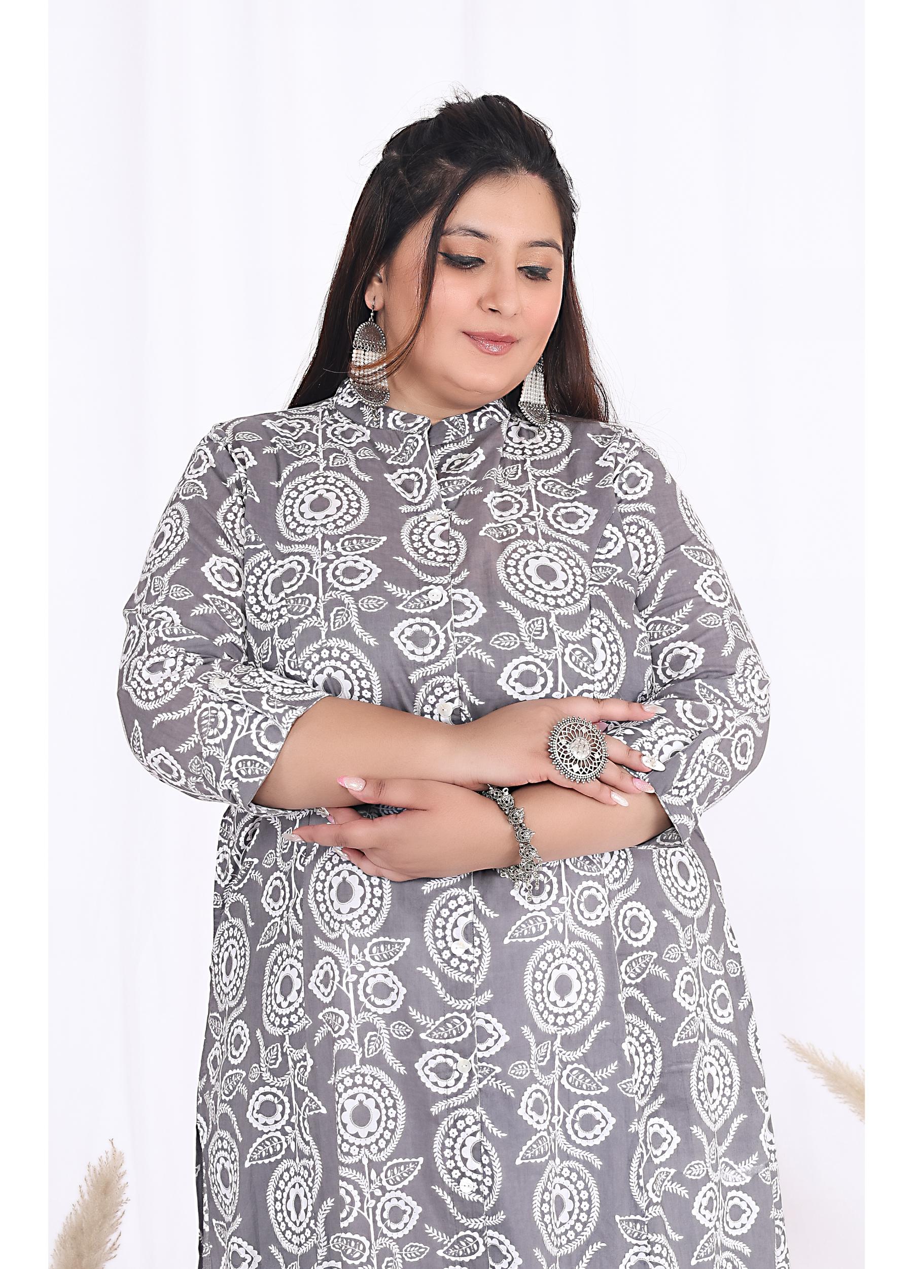 Women Printed Cotton A-line Kurta (B09-Grey)