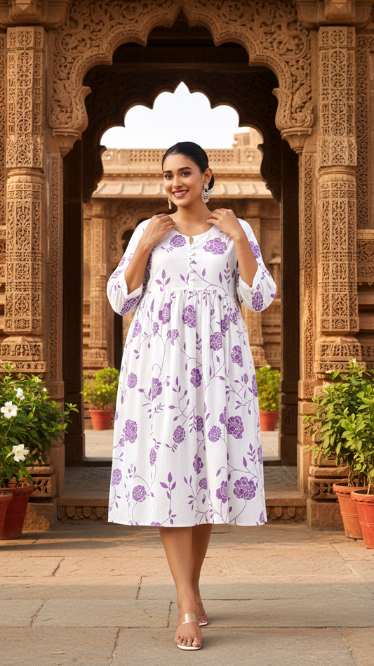 Plus Size White & Purple Floral Print A-Line Cotton Dress