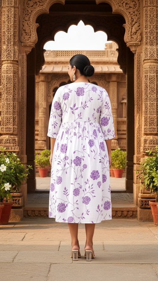 Plus Size White & Purple Floral Print A-Line Cotton Dress