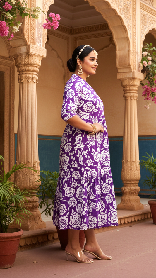 Plus Size Purple & White Rose Print Tiered Midi Dress