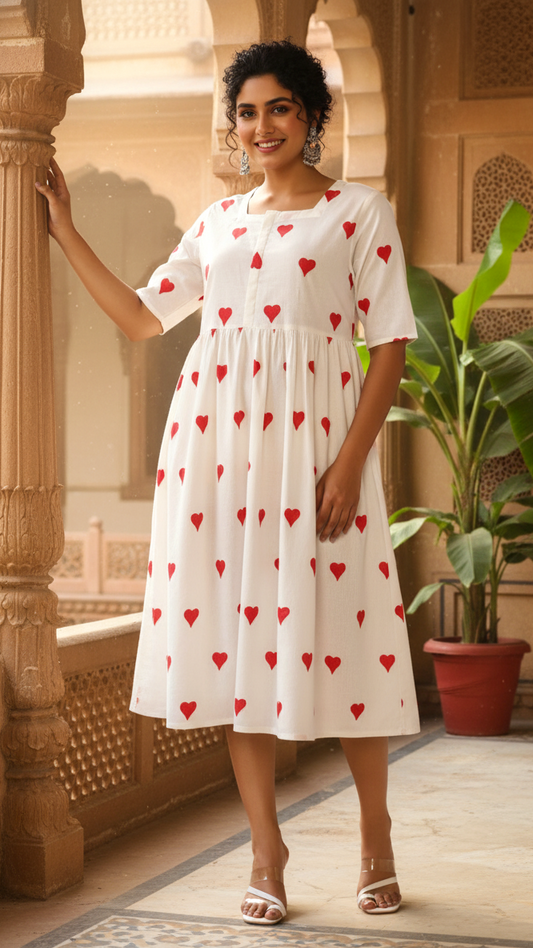 Plus Size White Red Hearts Print Gathers Cotton Dress
