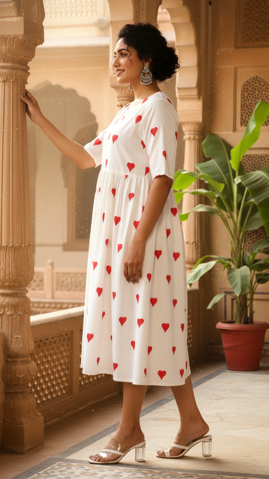 Plus Size White Red Hearts Print Gathers Cotton Dress