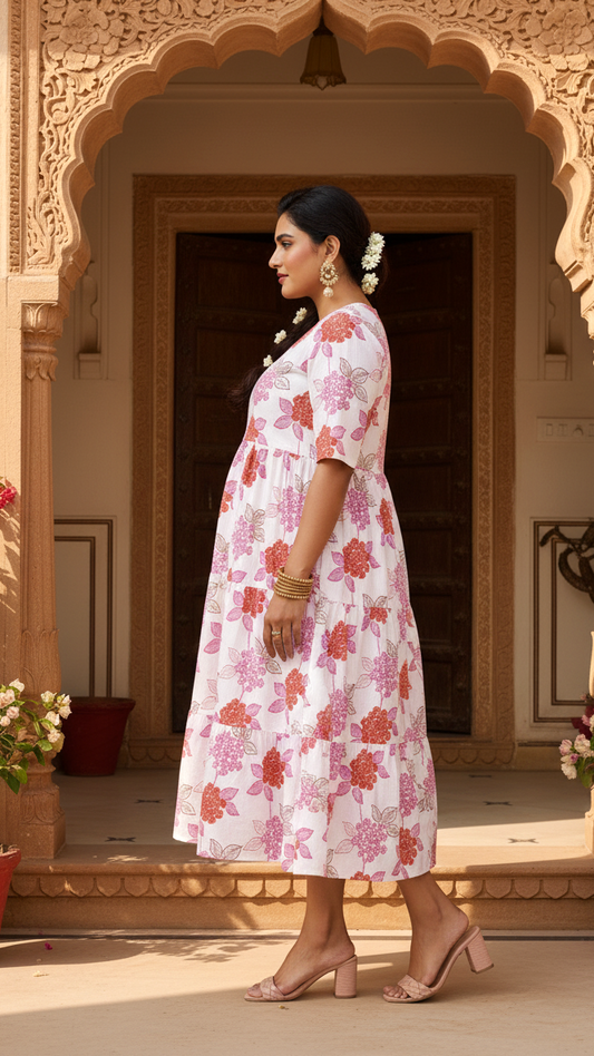 White & Pink Floral Print Plus Size Summer Tiered Dress