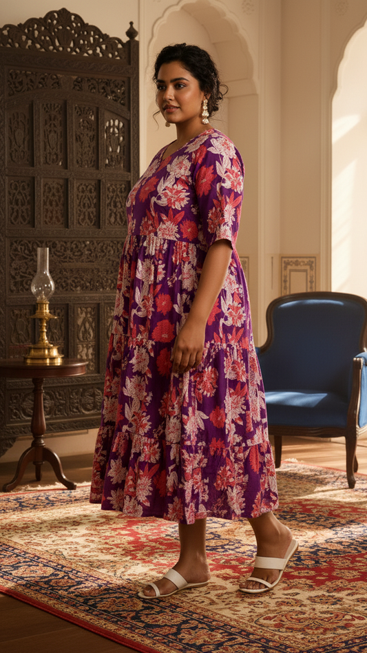 Plus Size Purple & Coral Large Floral Print Tiered Midi Dress