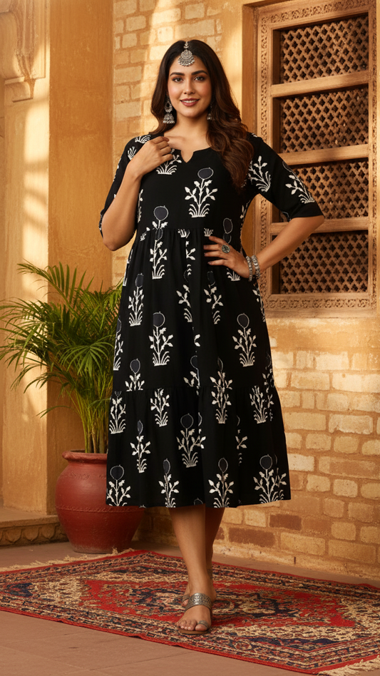 Plus Size Black & White Mughal Buta Print Tiered Dress