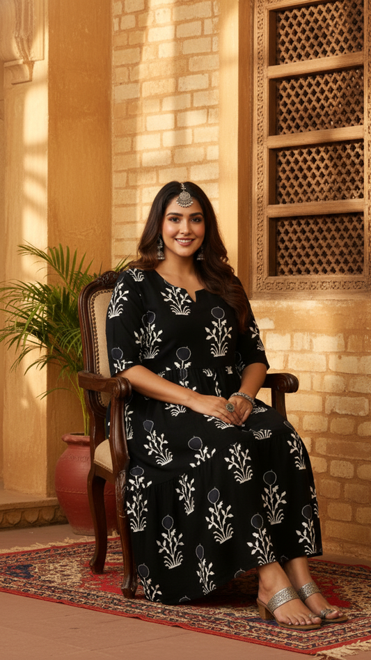 Plus Size Black & White Mughal Buta Print Tiered Dress