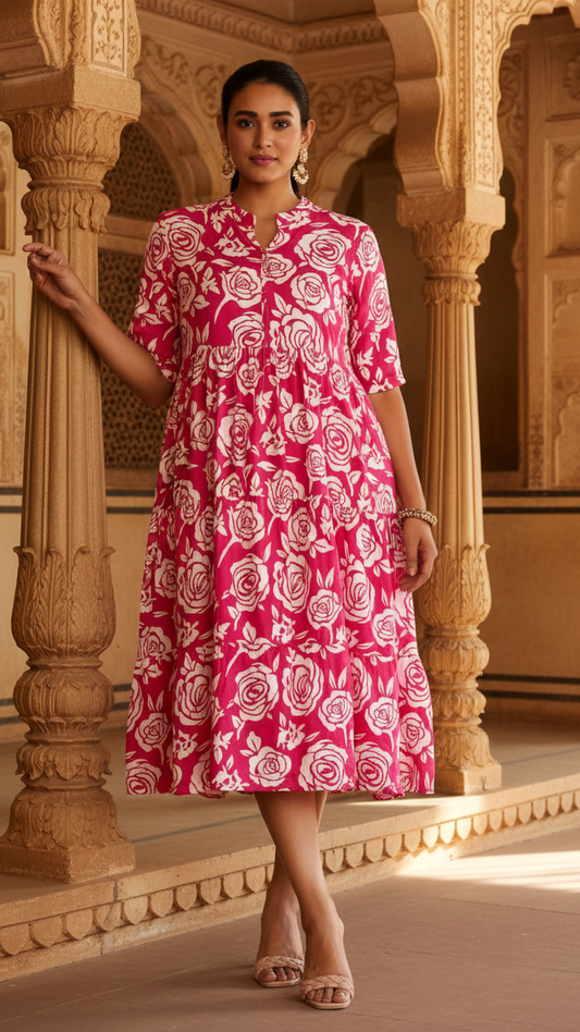 Hot Pink Rose Print Plus Size Gathers Dress with Band Collar