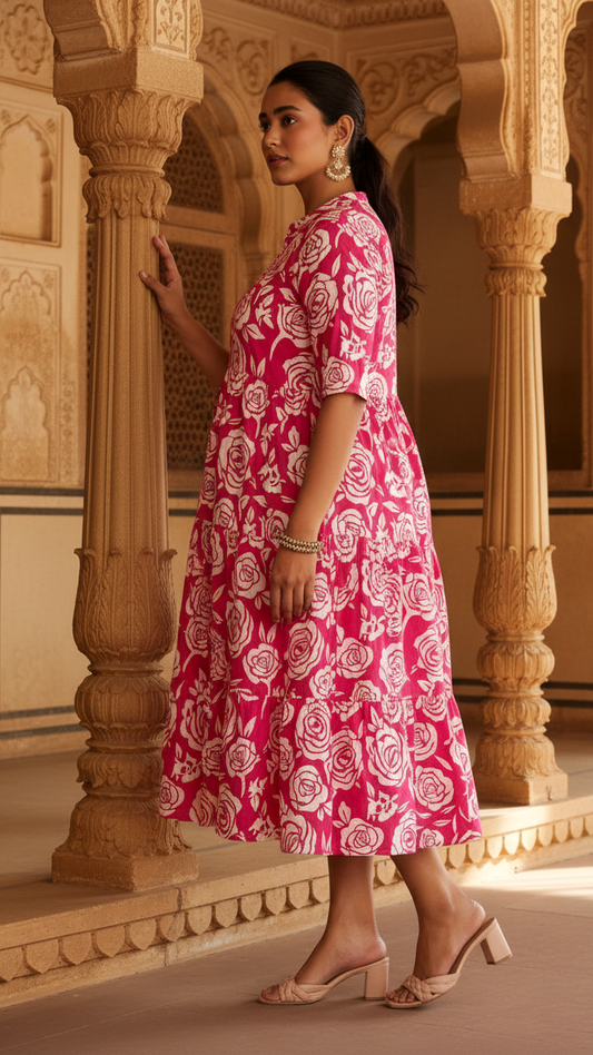 Hot Pink Rose Print Plus Size Gathers Dress with Band Collar