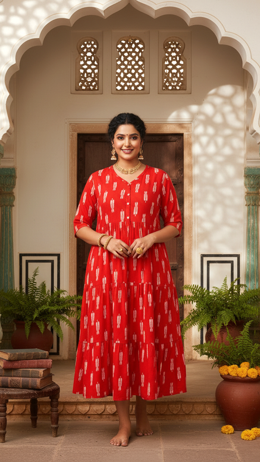 Plus Size Red & White Dash Print Tiered Cotton Dress