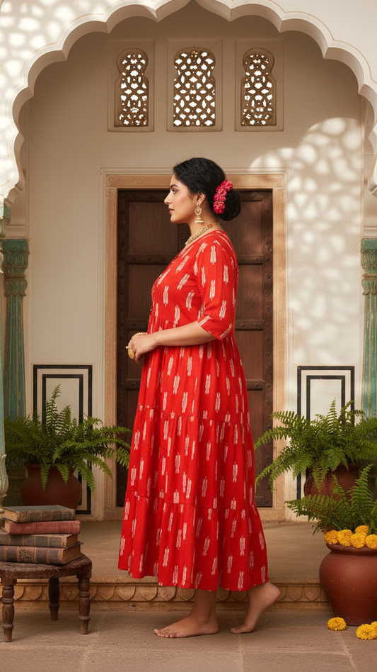 Plus Size Red & White Dash Print Tiered Cotton Dress