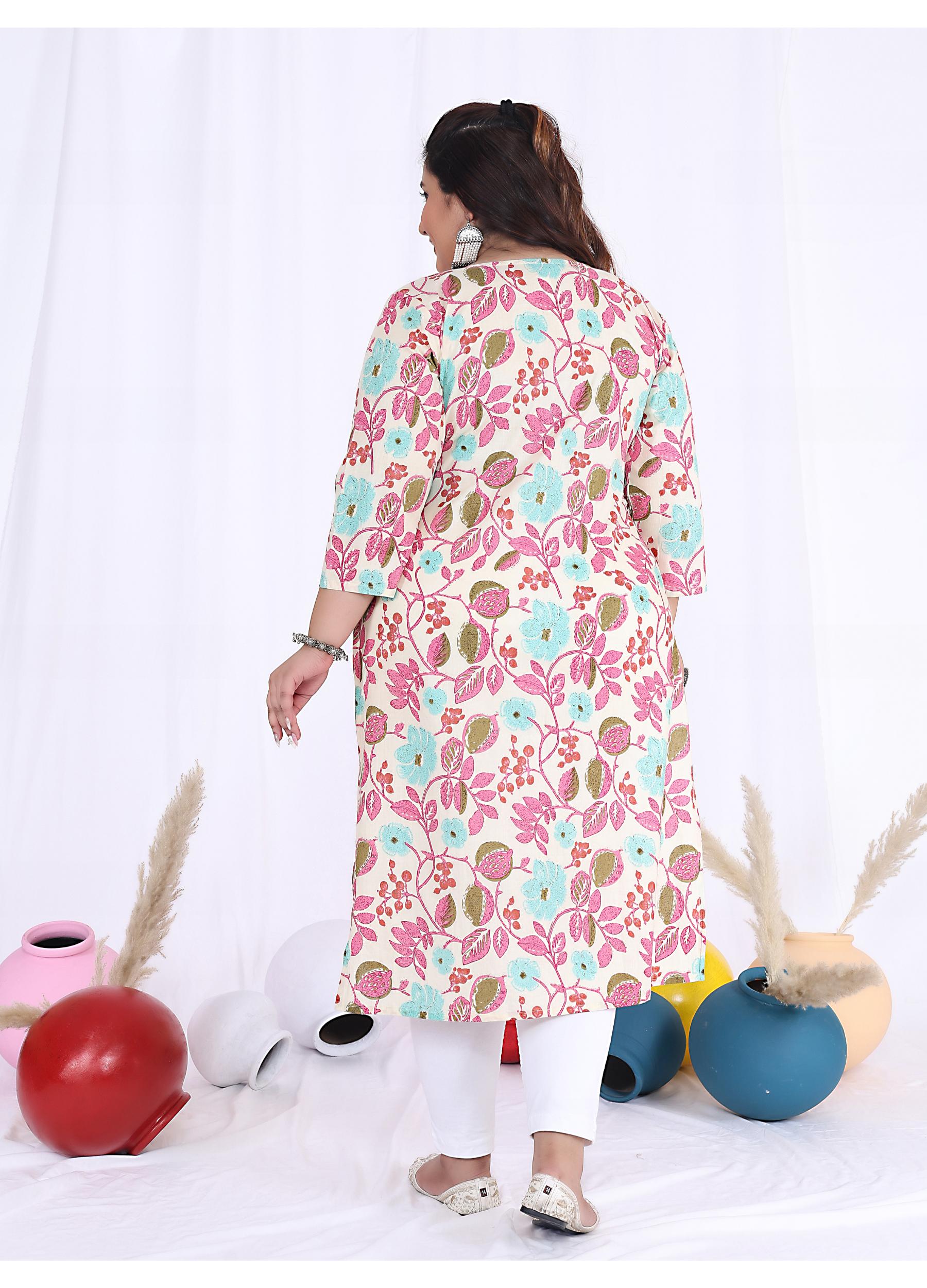 Women Printed Cotton Straight Kurta (B10-Peach)