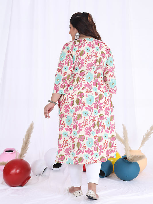 Women Printed Cotton Straight Kurta (B10-Peach)