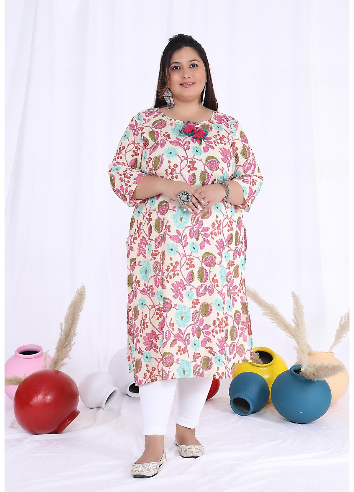 Women Printed Cotton Straight Kurta (B10-Peach)