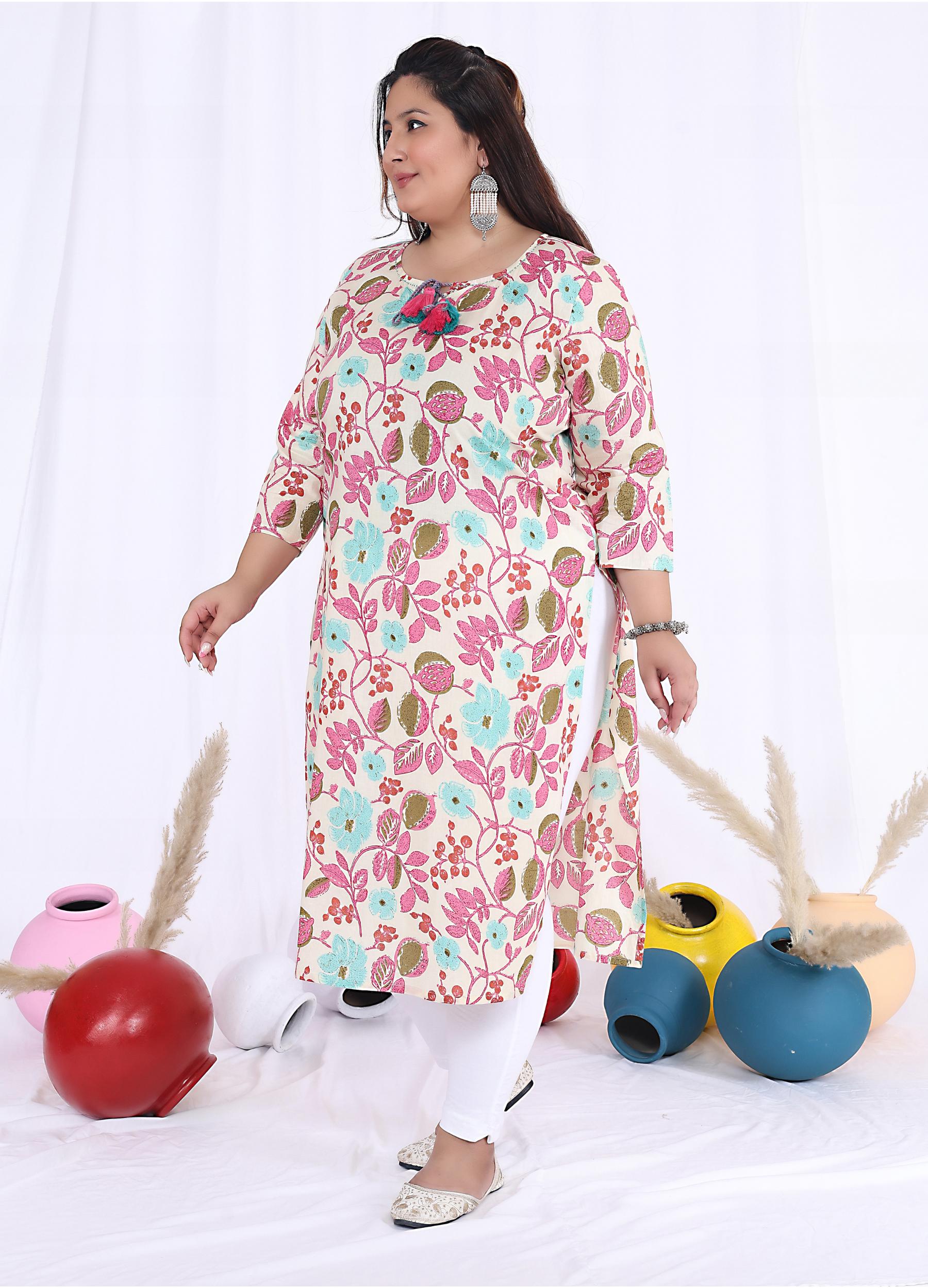 Women Printed Cotton Straight Kurta (B10-Peach)