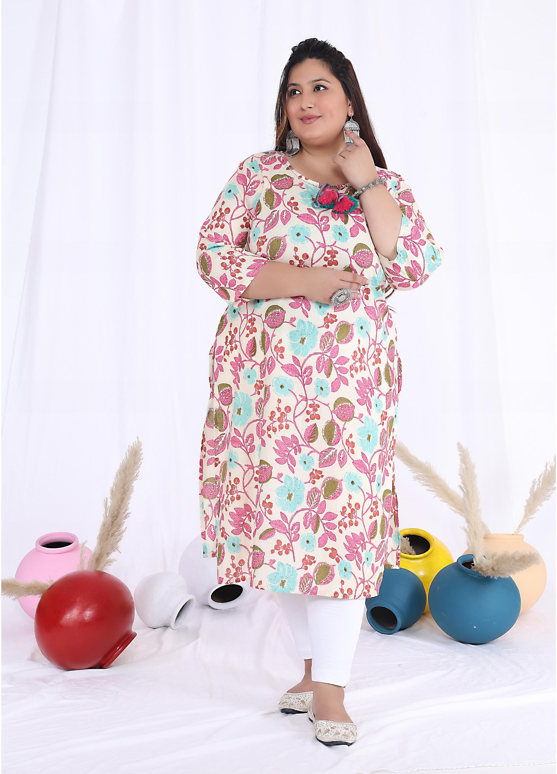 Women Printed Cotton Straight Kurta (B10-Peach)