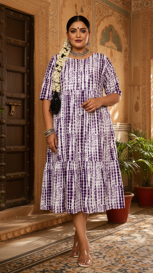 Purple Ikat Stripe Plus Size Tie-Dye Tiered Midi Dress