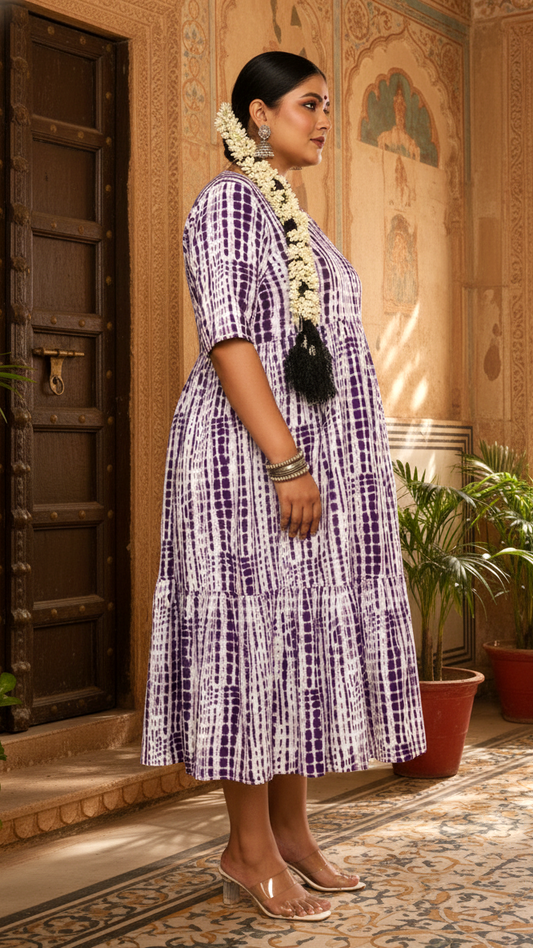 Purple Ikat Stripe Plus Size Tie-Dye Tiered Midi Dress