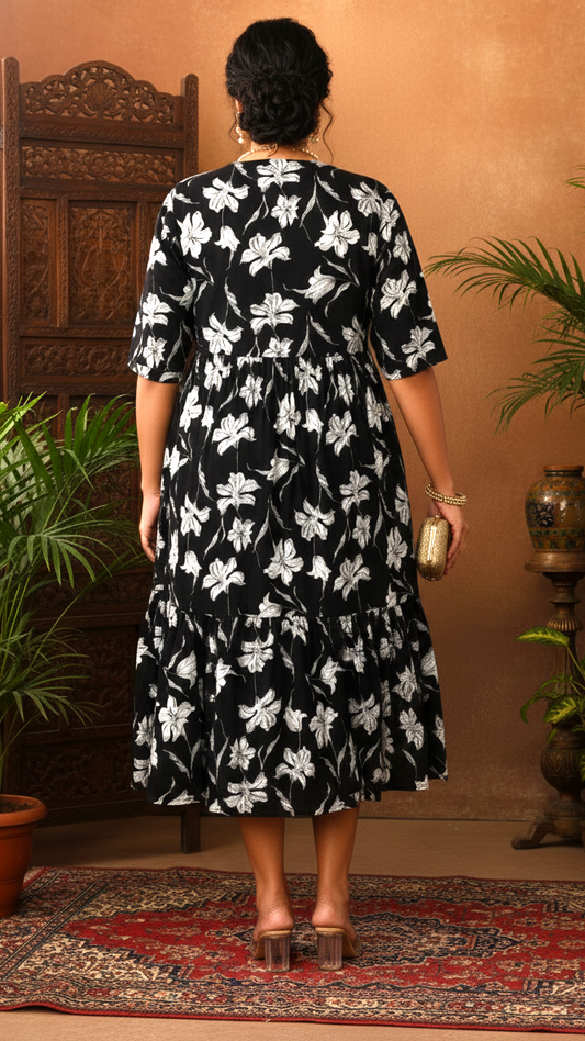 Plus Size Black & White Floral Tiered Midi Dress