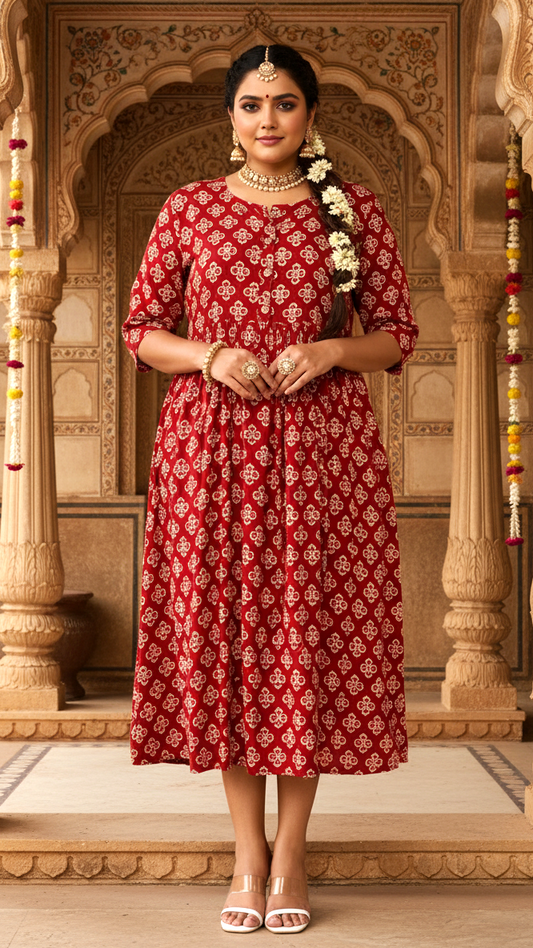 Rustic Red All-over Motif Print Plus Size Gathers Dress