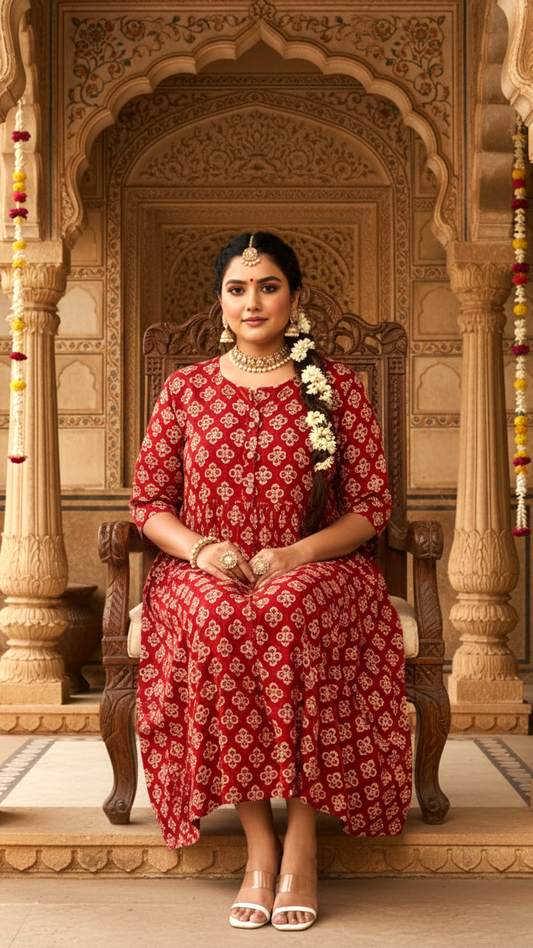 Rustic Red All-over Motif Print Plus Size Gathers Dress