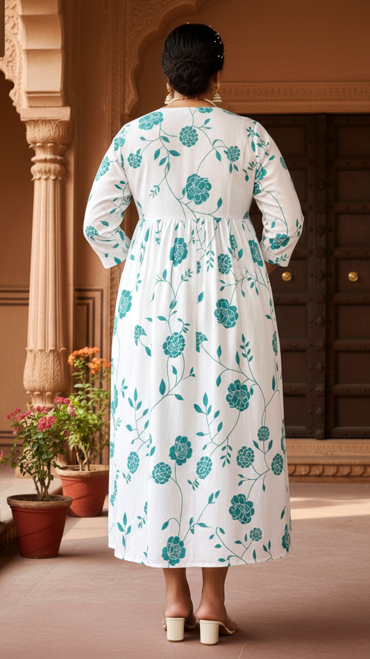 Plus Size White & Teal Long Sleeve Floral Cotton Dress