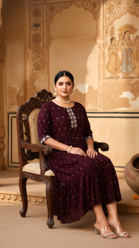 Deep Plum Embroidered Yoke Plus Size Tiered Dress