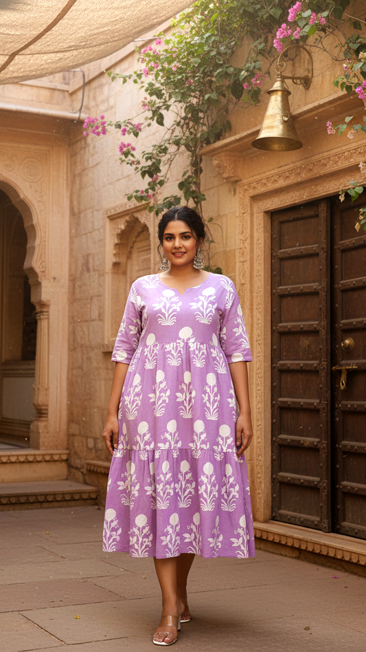 Plus Size Lavender Floral Buta Tiered V-Neck Dress