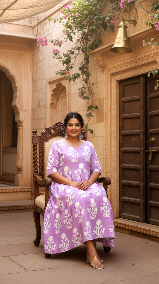 Plus Size Lavender Floral Buta Tiered V-Neck Dress