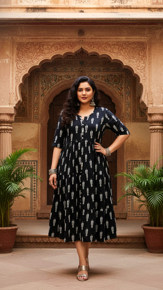 Black & White Dash/Ikat Print Plus Size Tiered Dress