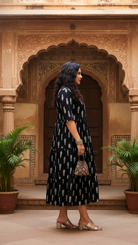 Black & White Dash/Ikat Print Plus Size Tiered Dress