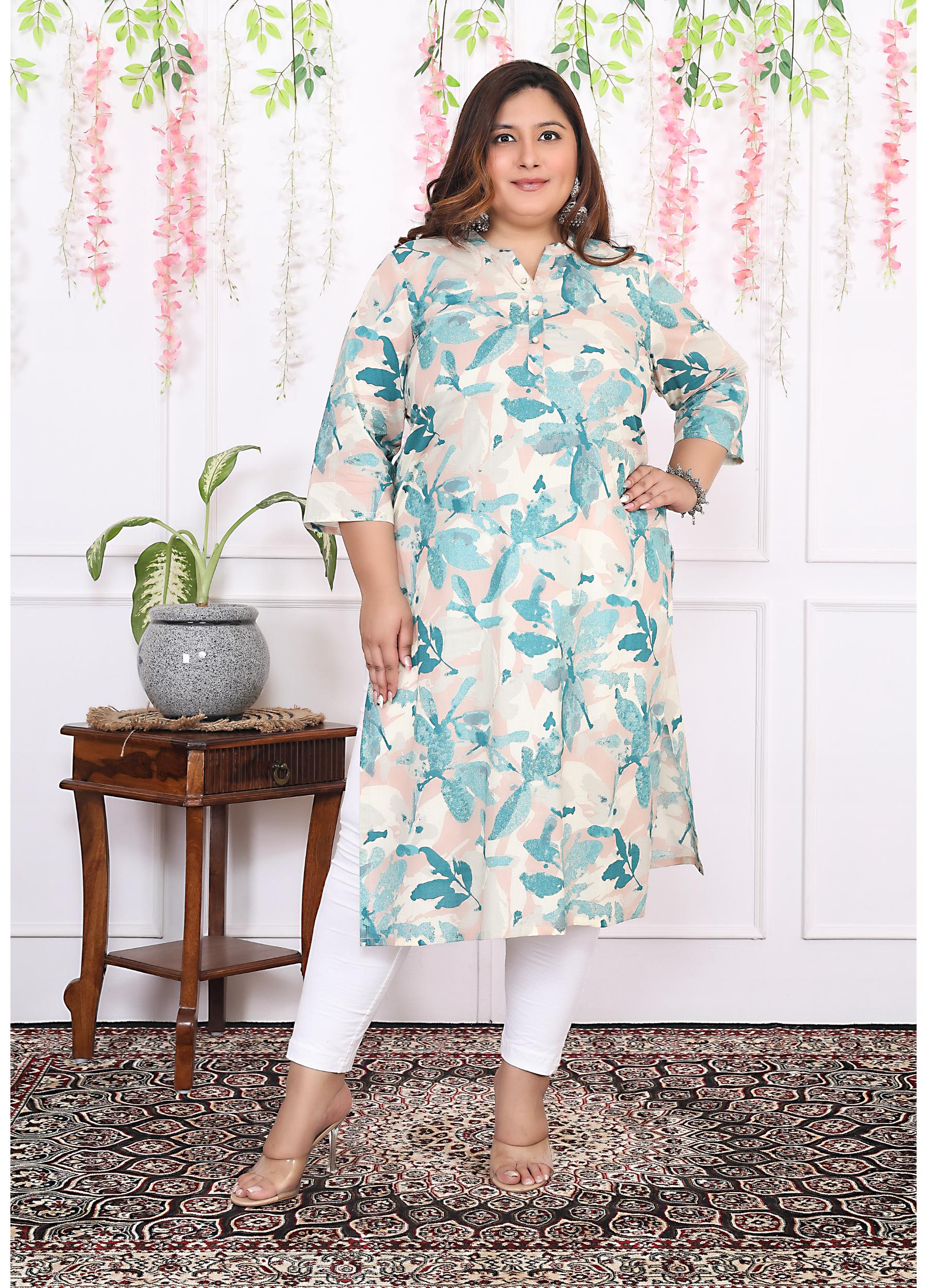 Women Printed Cotton Straight Kurta (B11-Green)