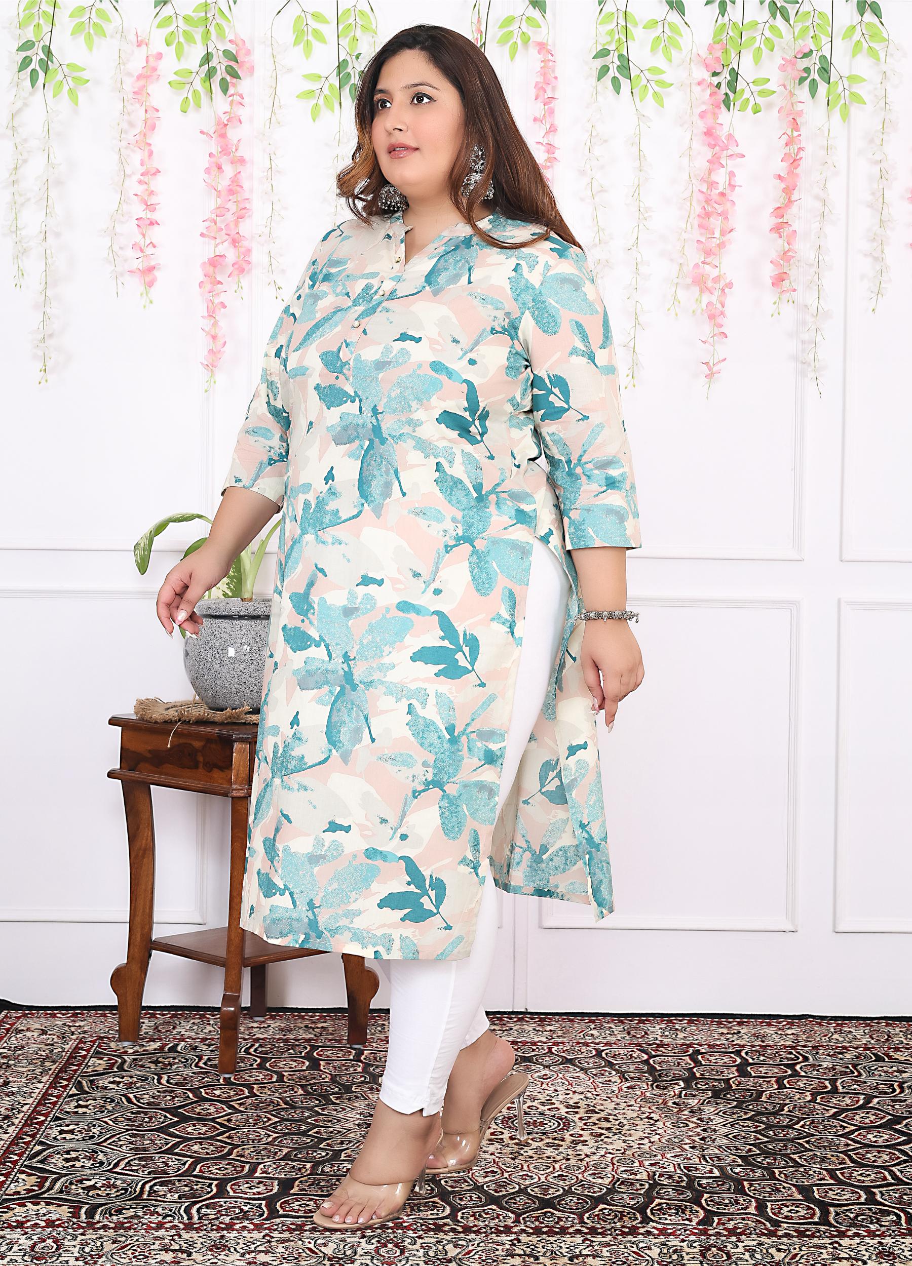 Women Printed Cotton Straight Kurta (B11-Green)