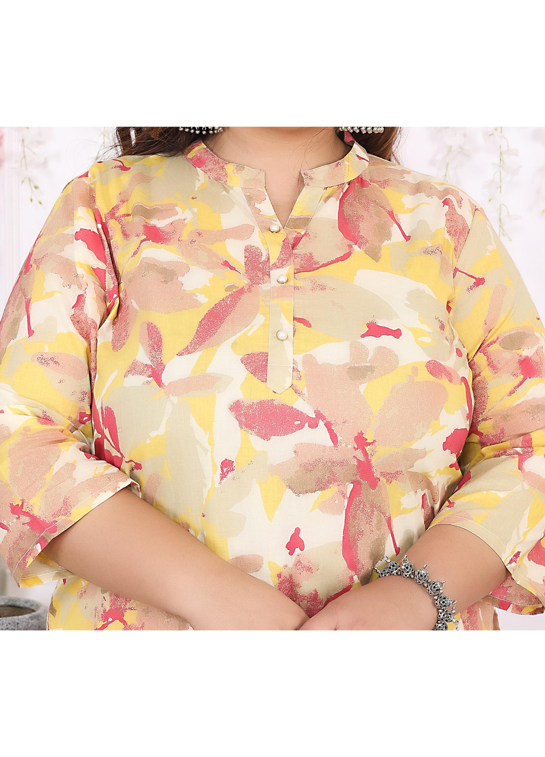 Women Printed Cotton Straight Kurta (B11-Yellow)