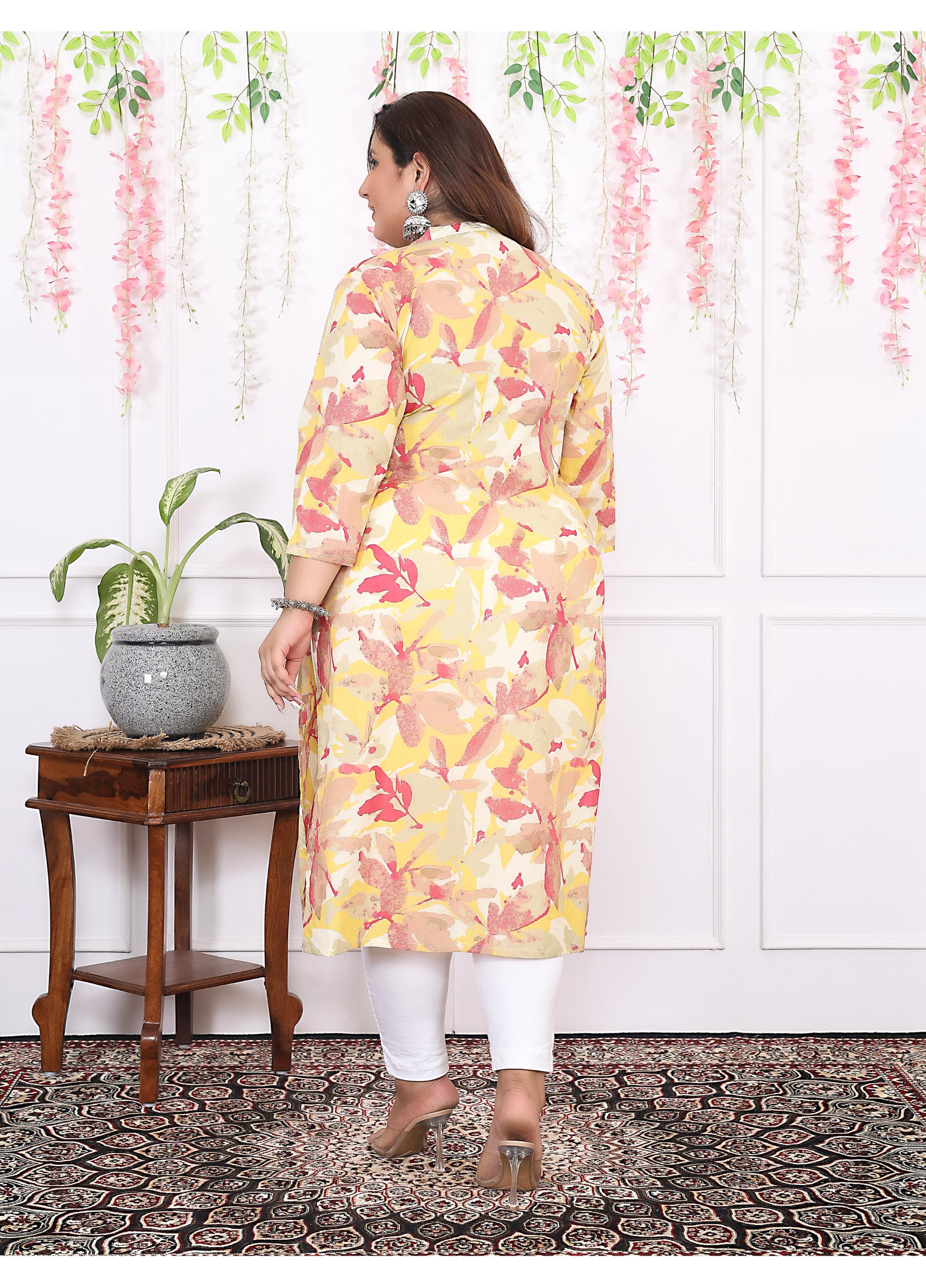 Women Printed Cotton Straight Kurta (B11-Yellow)